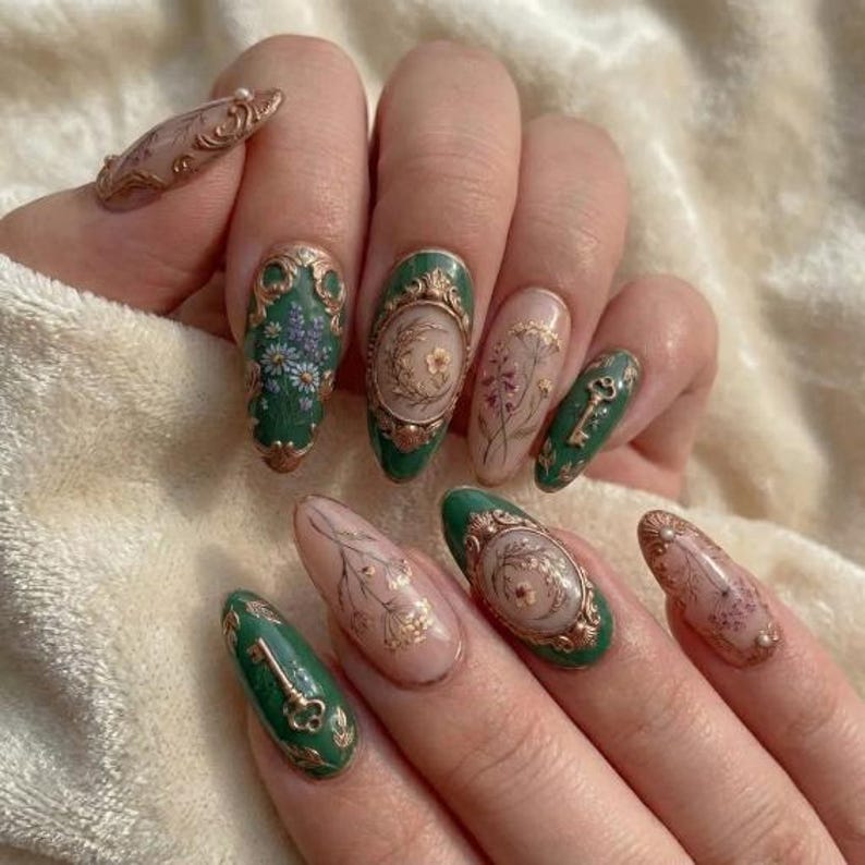 Emerald Art Nouveau Floral Gold Elegant Press On Nails
