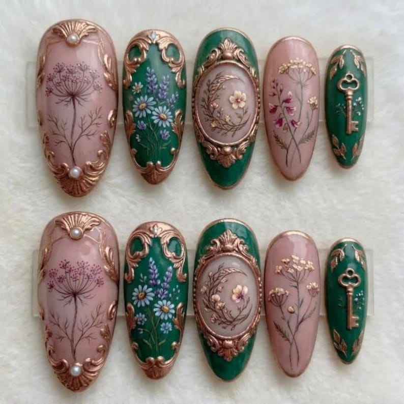 Emerald Art Nouveau Floral Gold Elegant Press On Nails