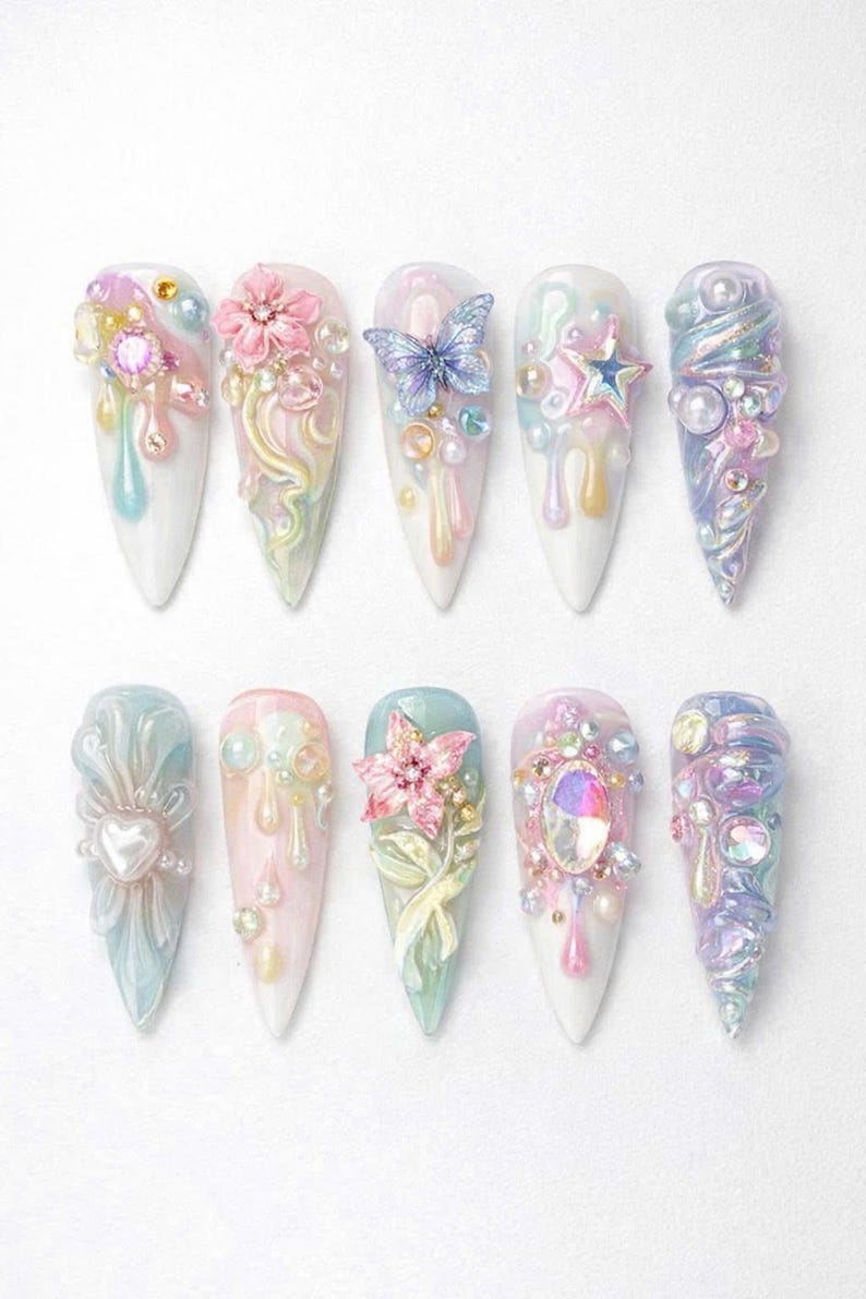 Dreamy Fairycore 3D Butterfly Iridescent Garden Press On Nails