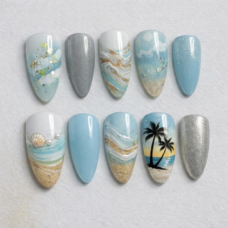 Blue Coastal Escape Press On Nails