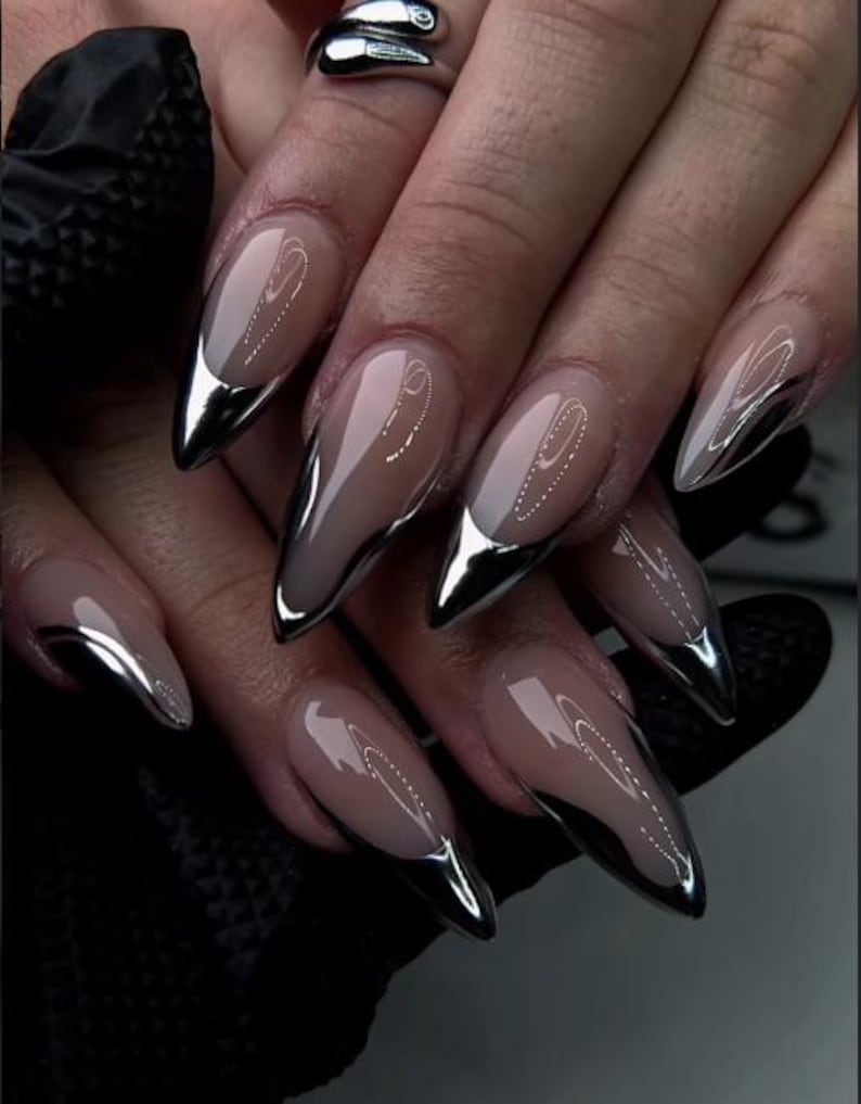 Silver Chrome French Press On Nails