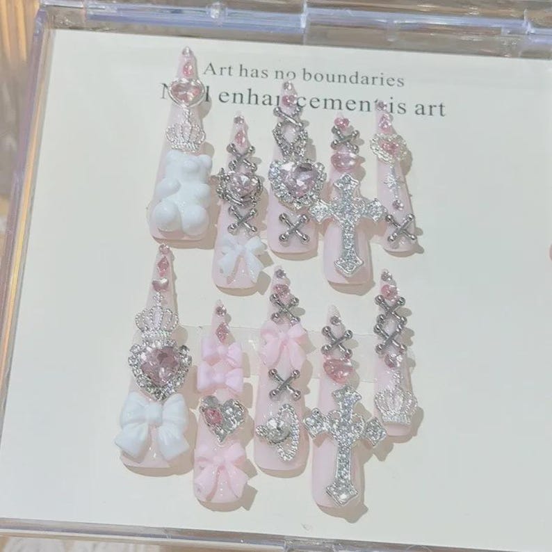 Pink Crystal Bow Charm Press On Nails