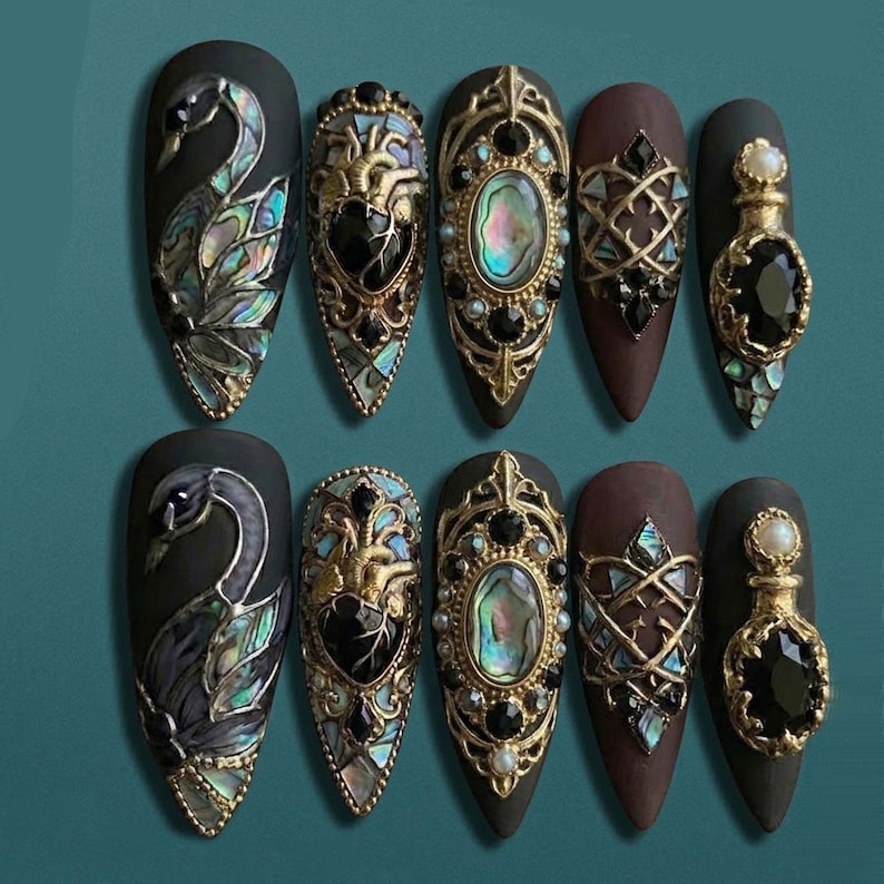 Dark Swan Iridescent Shell Elegant Press On Nails