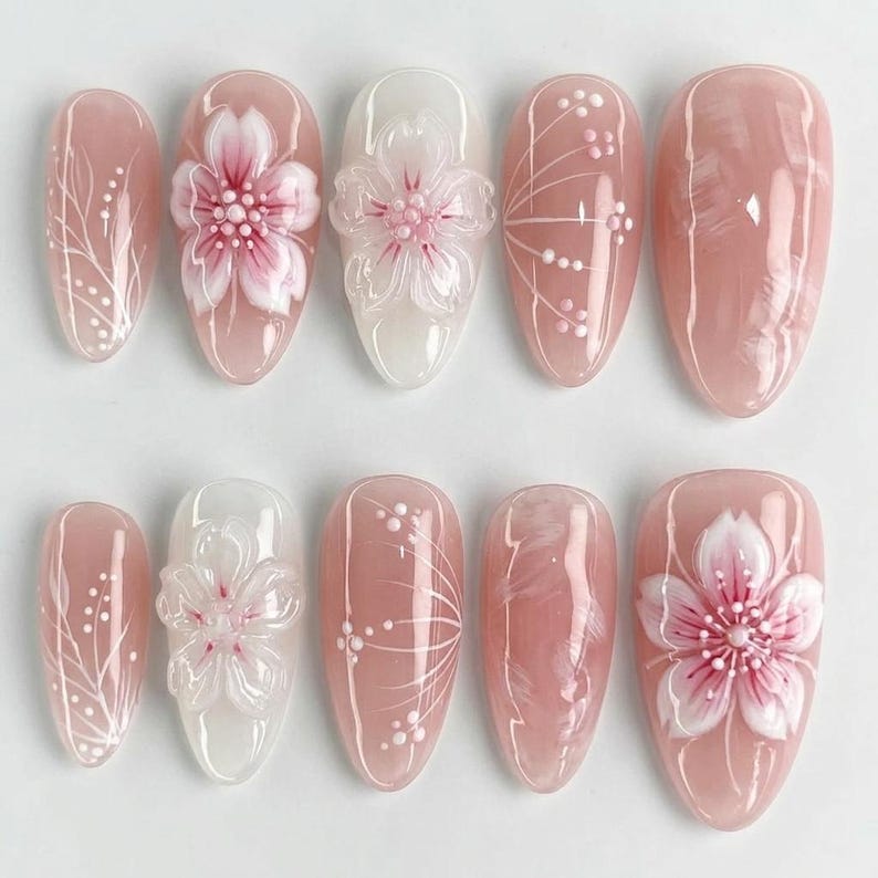 Elegant 3D Floral Garden Press On Nails
