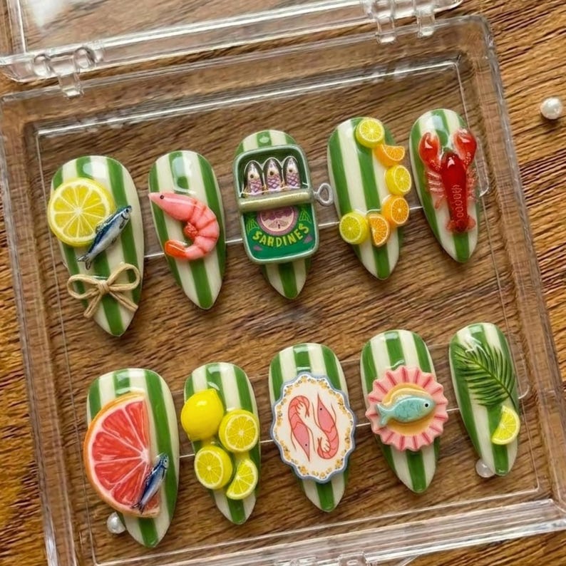 Playful Coastal Picnic 3D Food Art Press On Nails