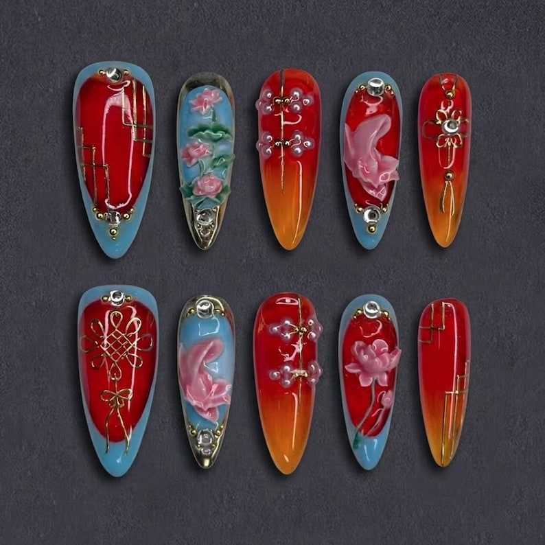Zen Lotus Koi Fish Hand Painted Water Garden Press On Nails