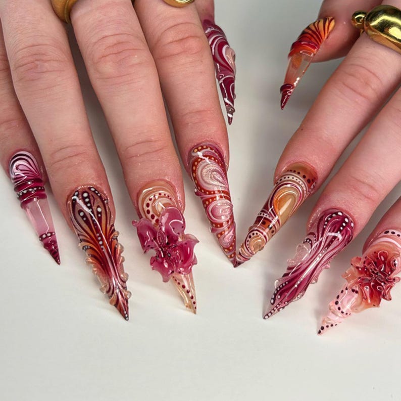 Burgundy Flame Sculpted Press On Nails