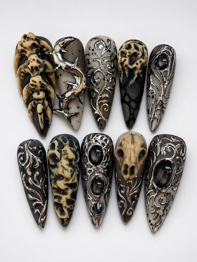 Grunge Industrial Skull Metallic Press On Nails