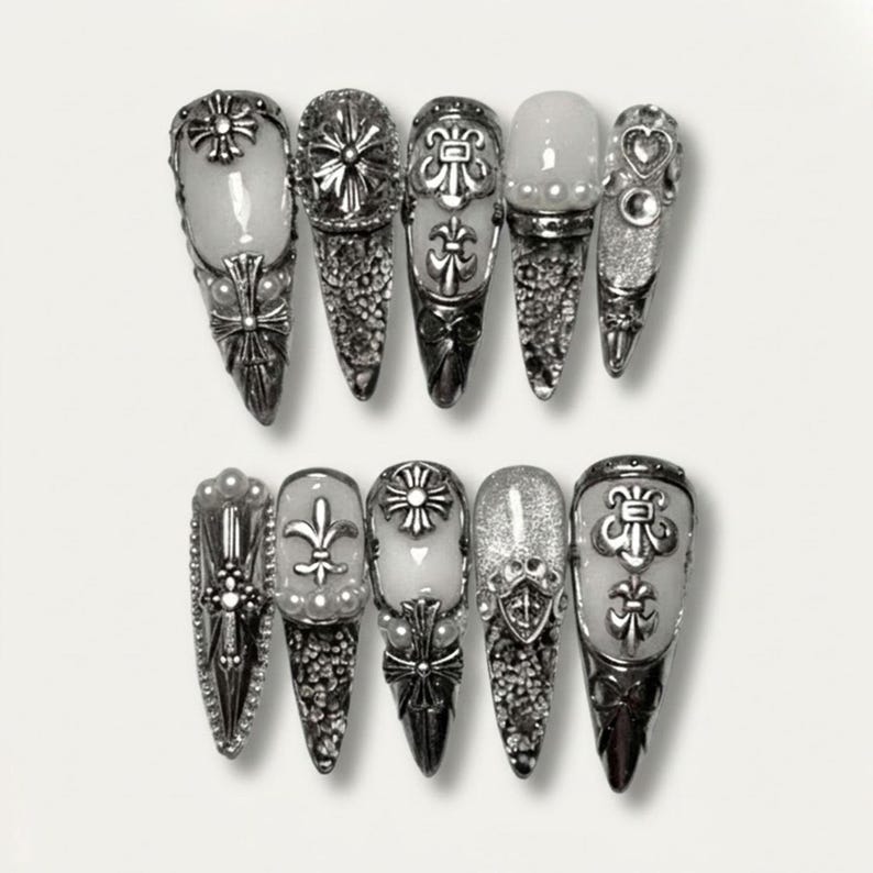 Gothic Cross Fleur Ornate Silver Luxury Press On Nails