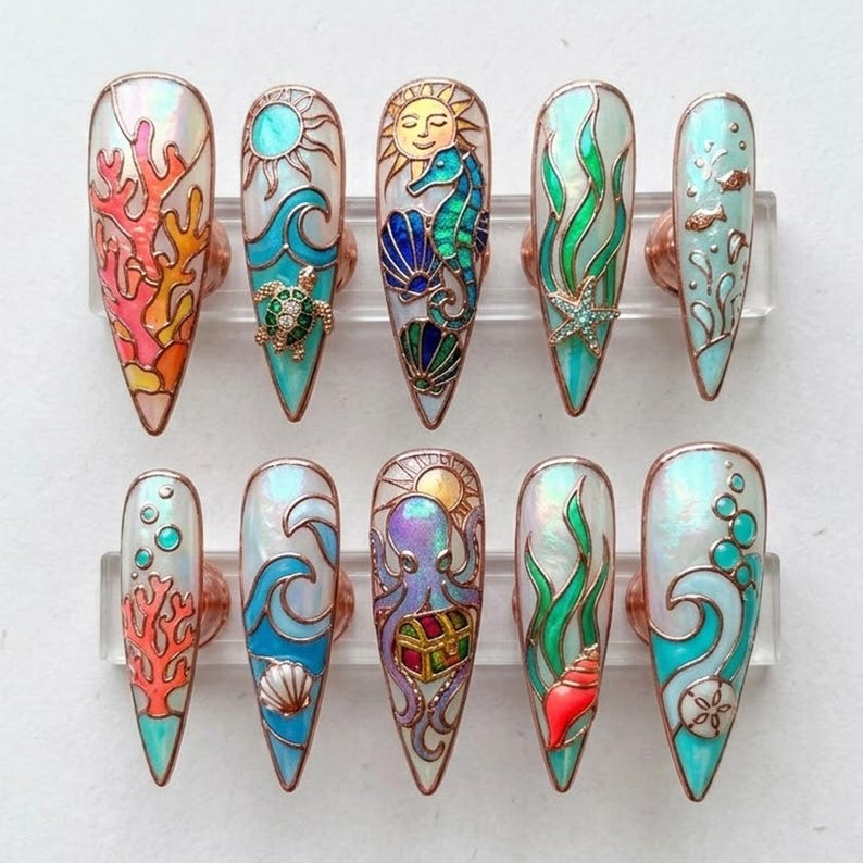 Luminous Coastal Mosaic Press On Nails