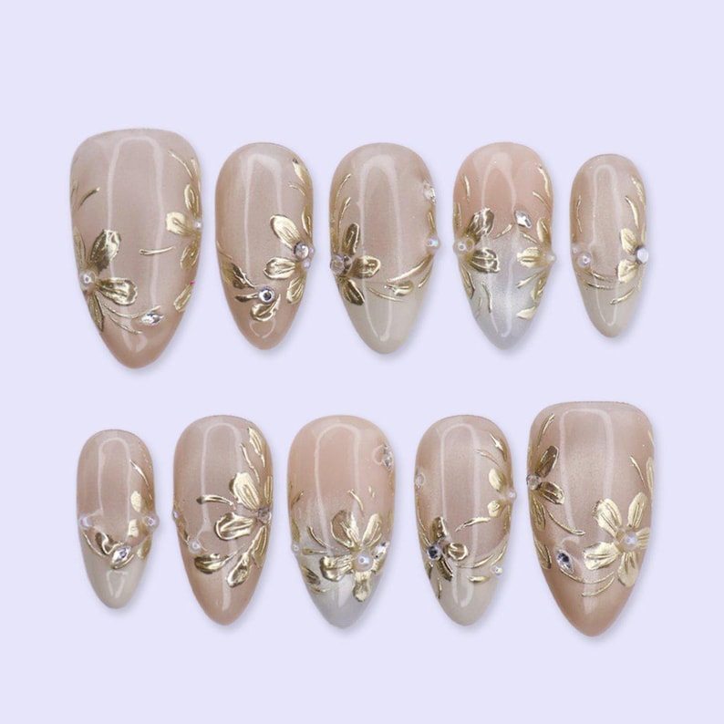 Champagne Gold Floral Press On Nails