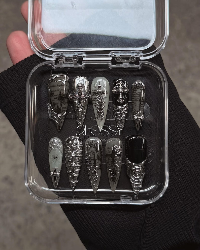 Black Chrome Gothic Press On Nails