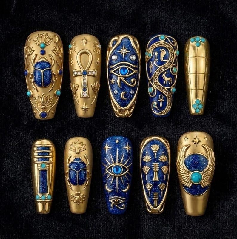 Royal Gold Blue Pharaoh Luxury Press On Nails