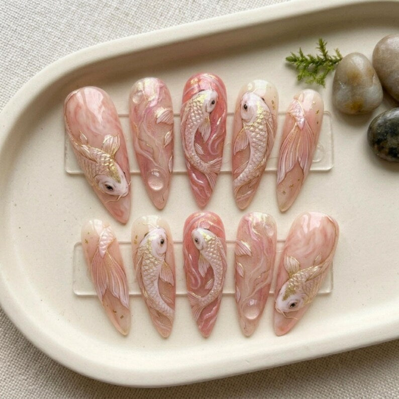 Pink Marble Koi Elegance Press On Nails