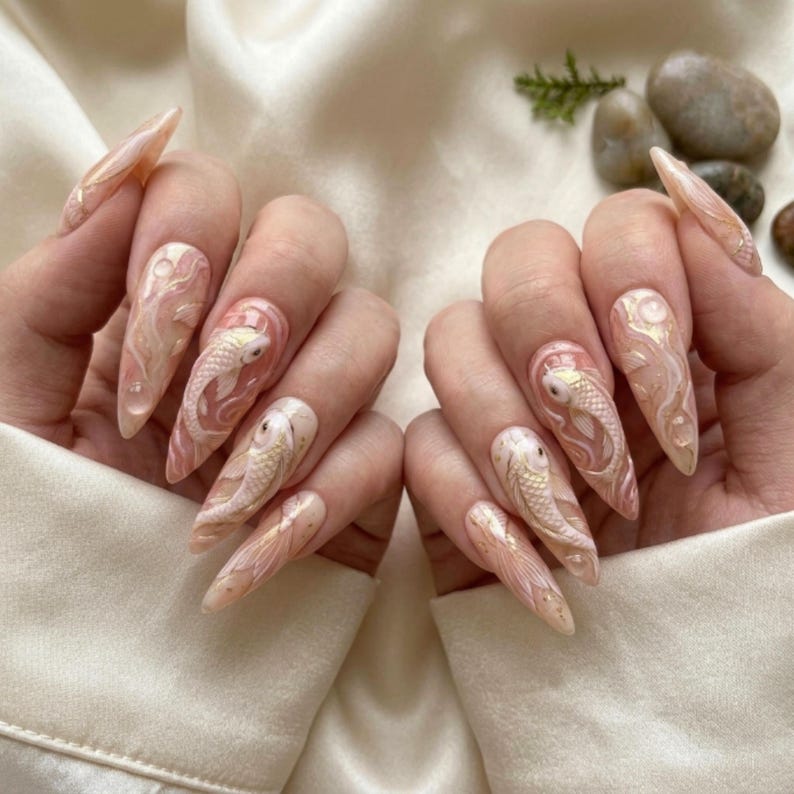 Pink Marble Koi Elegance Press On Nails