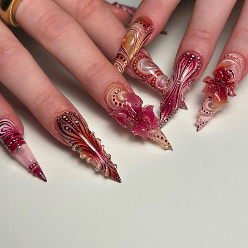 Burgundy Flame Sculpted Press On Nails