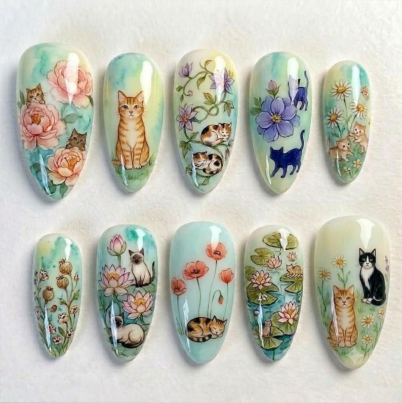 Woodland Feline Garden Press On Nails