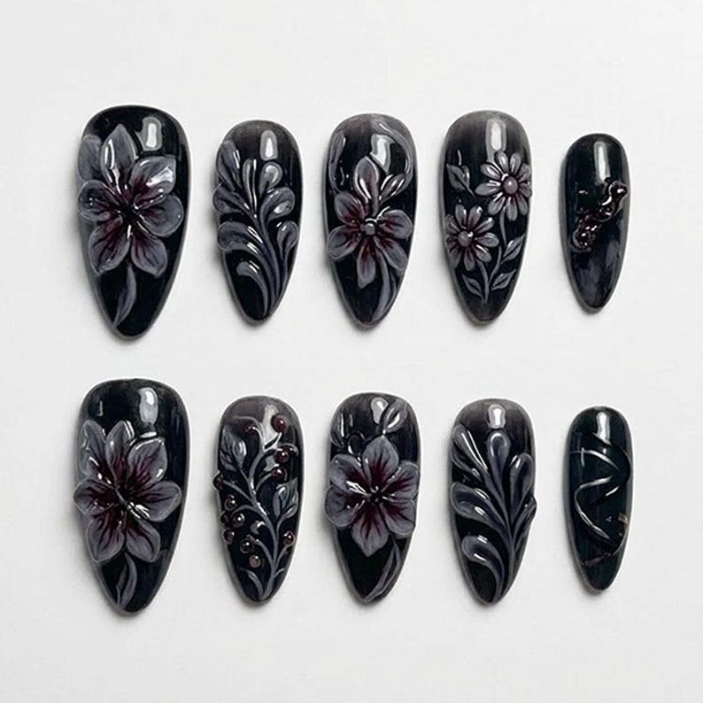 Black Grey Floral Press On Nails