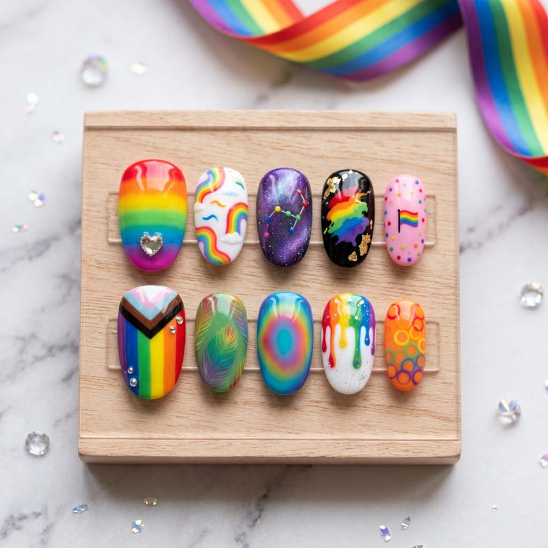 Colorful Rainbow Almond Press On Nails