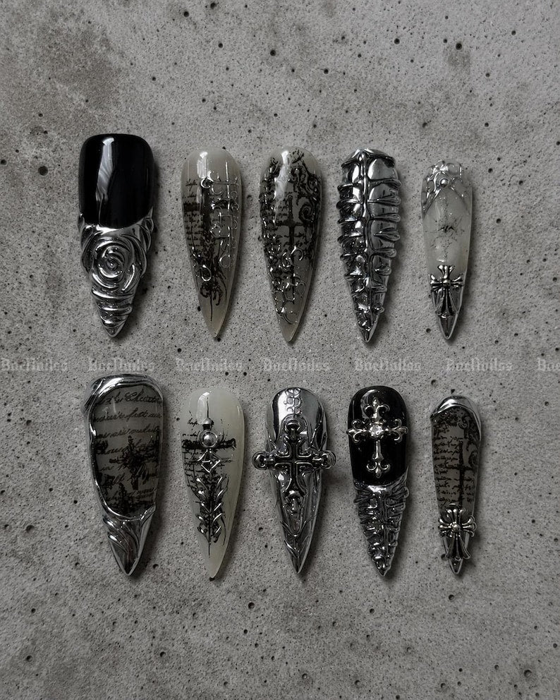Silver Chrome Gothic Press On Nails