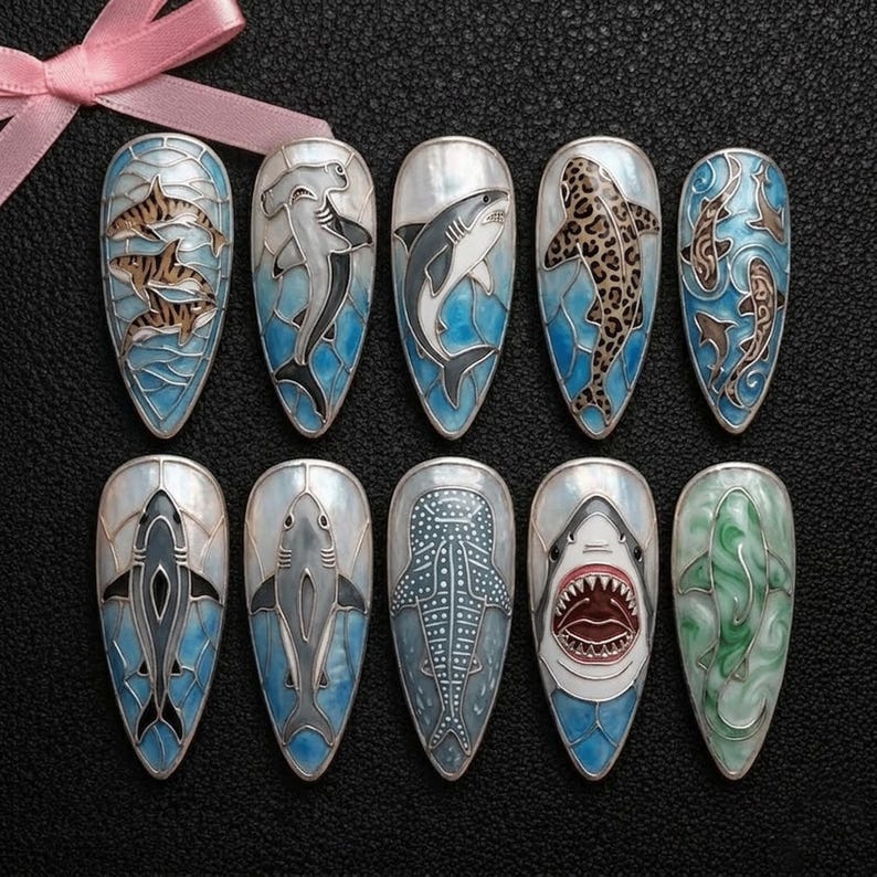 Bold Stained Glass Ocean Press On Nails