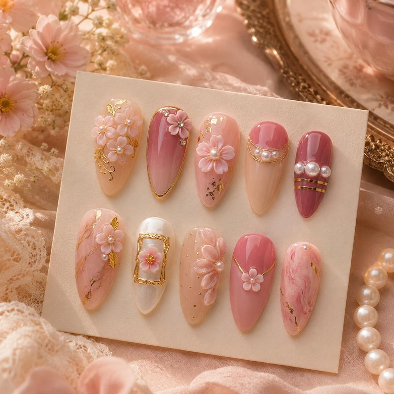 Pink Marble Floral Press On Nails