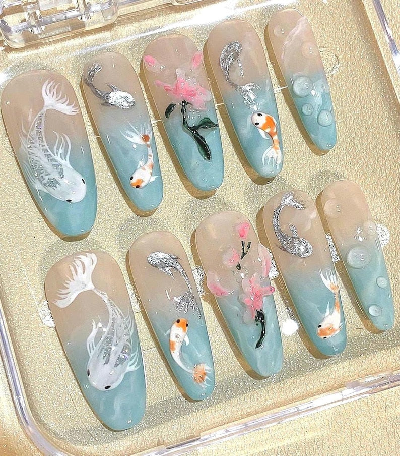 Elegant Aquatic Garden Press On Nails