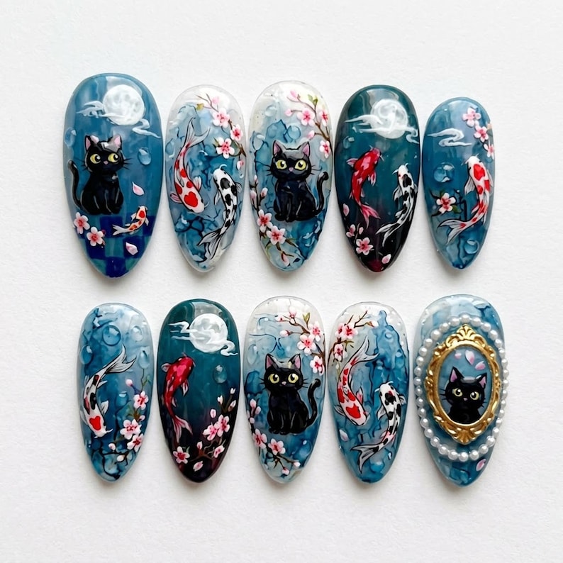 Whimsical Floral Cat Press On Nails