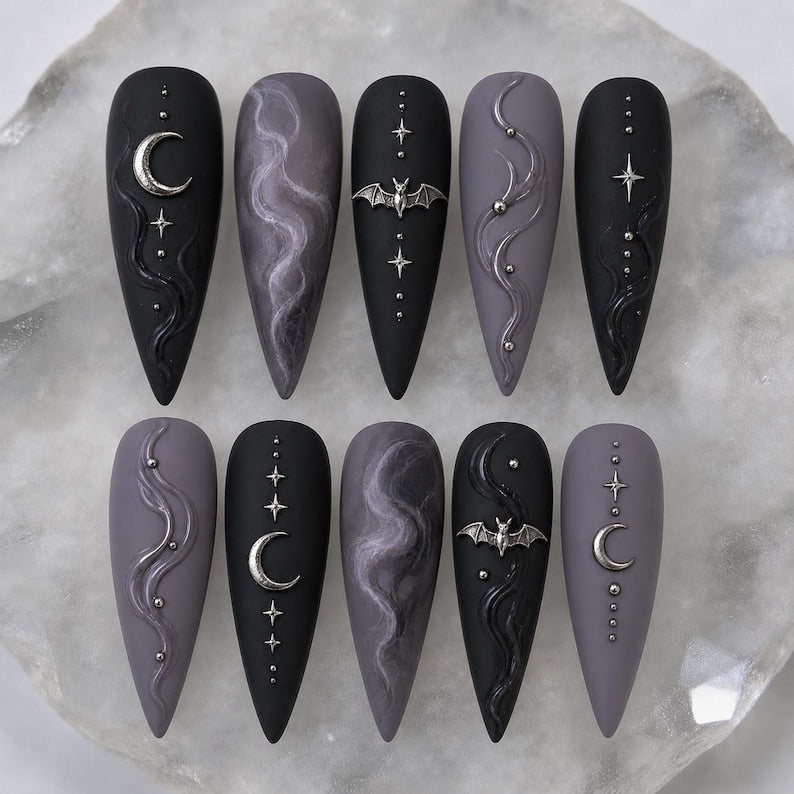 Dark Victorian Portrait Matte Black Press On Nails