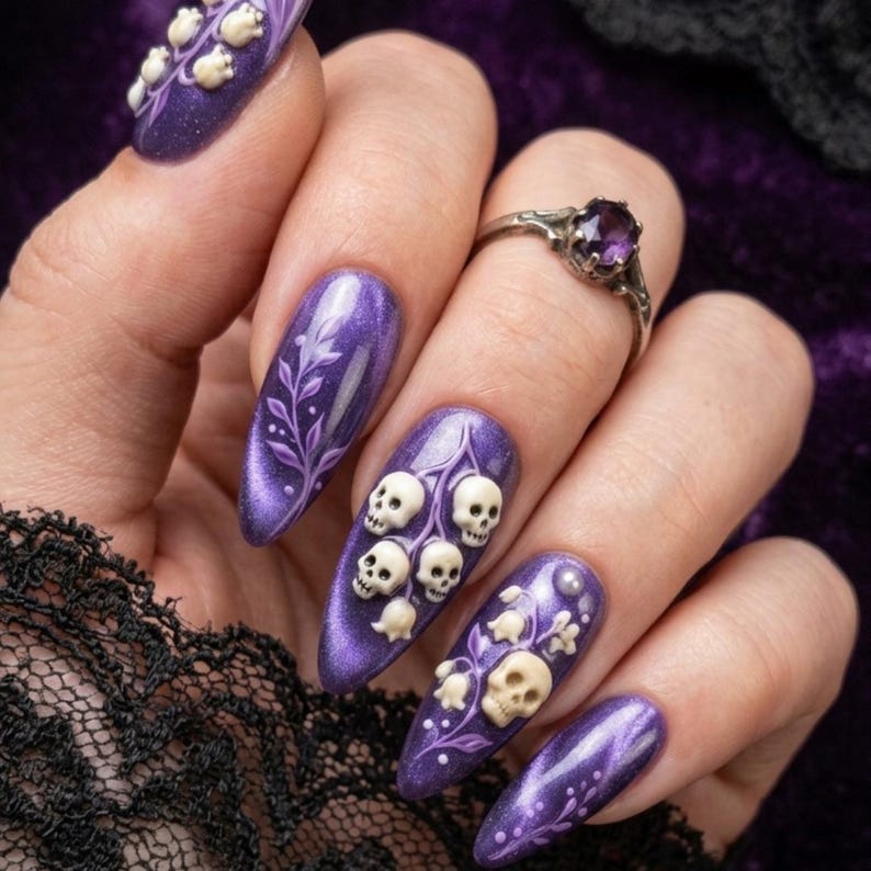 Dark Floral Gothic Skull Elegance Press On Nails