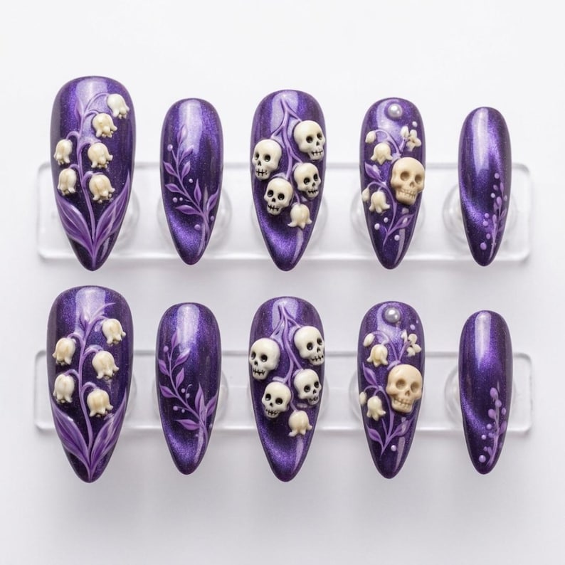Dark Floral Gothic Skull Elegance Press On Nails