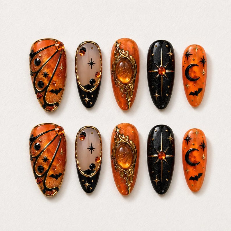 Orange Black Halloween Press On Nails