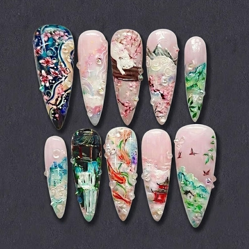 Elegant Oriental Landscape Press On Nails
