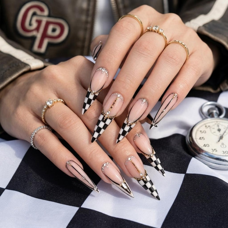 Monochrome Checker Stiletto Press On Nails