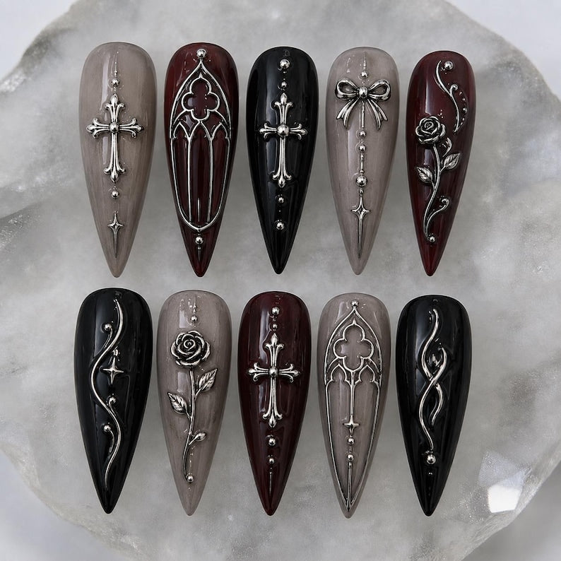 Victorian Burgundy Gothic Press On Nails