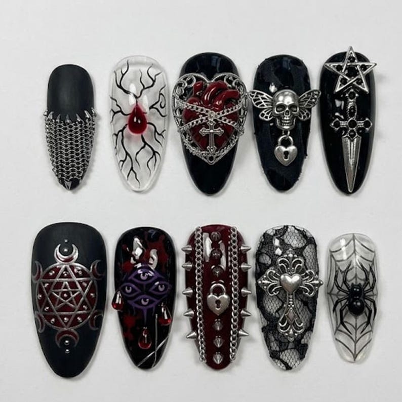 Dark Grunge Cross Chrome Press On Nails