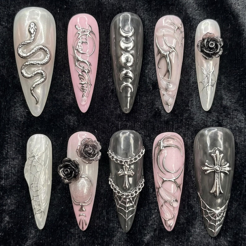 Silver Serpent Floral Press On Nails