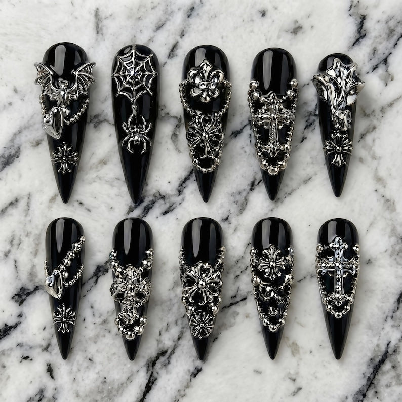 Black Silver Gothic Elegance Press On Nails