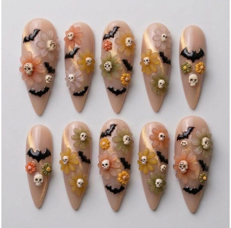Spooky Floral Skull Press On Nails