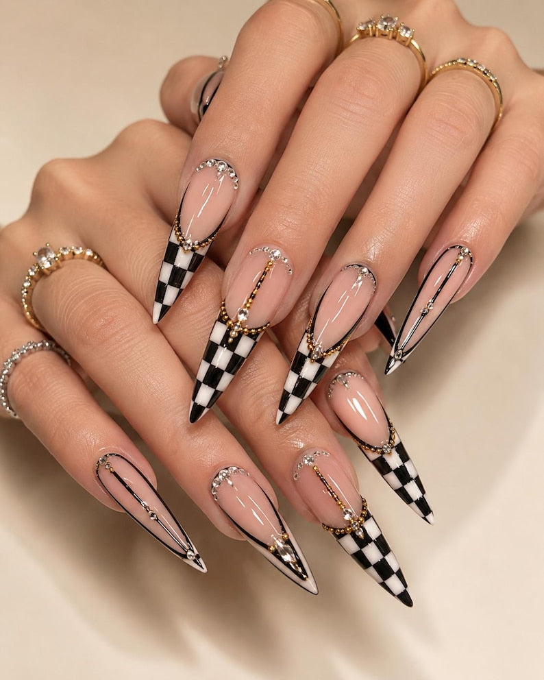 Monochrome Checker Stiletto Press On Nails