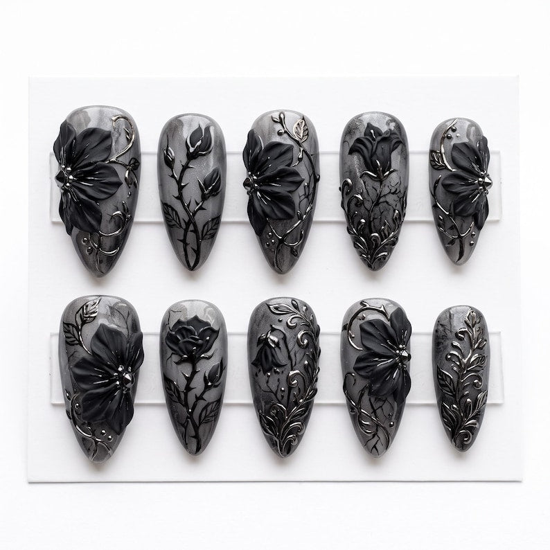 Midnight Black Rose Stiletto Press On Nails