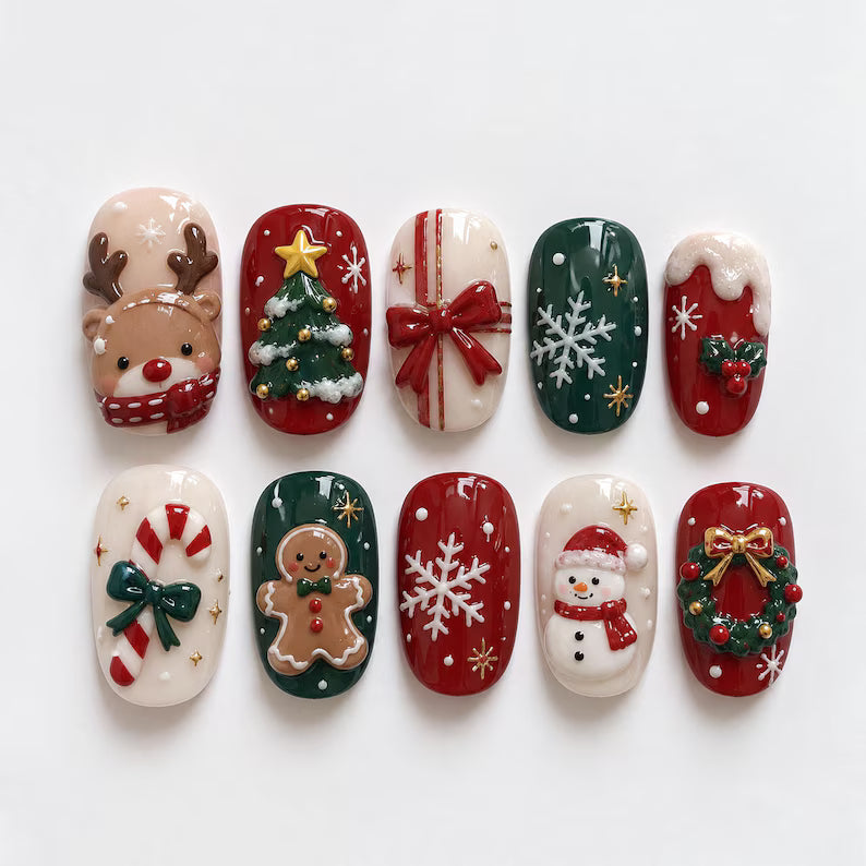 3D Reindeer Snowman Gingerbread Kawaii Christmas Press On Nails