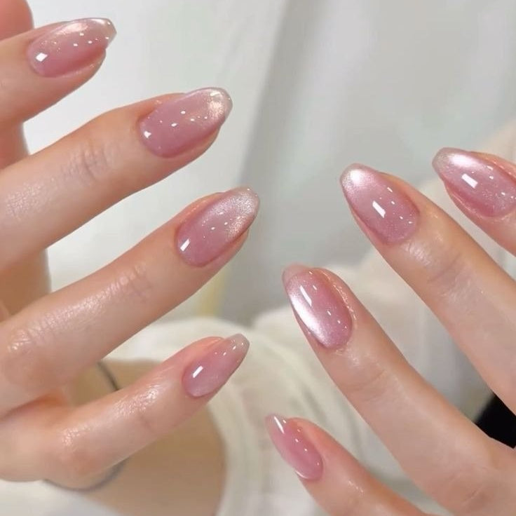 Soft Pink Pearl Glow Almond Press On Nails
